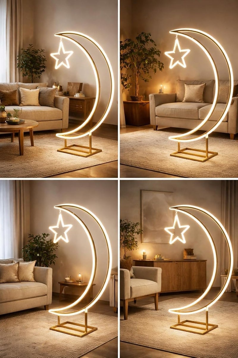 LED Moon Star Floor Lamp - Crescent Moon with Hanging Star, Warm White Decorative Light for Living Room and Bedroom - Image 2