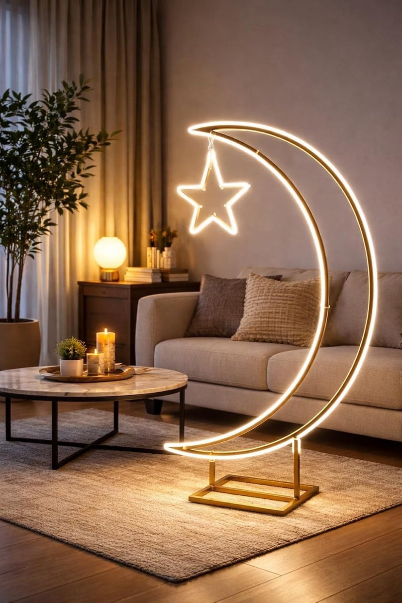 LED Moon Star Floor Lamp - Crescent Moon with Hanging Star, Warm White Decorative Light for Living Room and Bedroom - Image 1