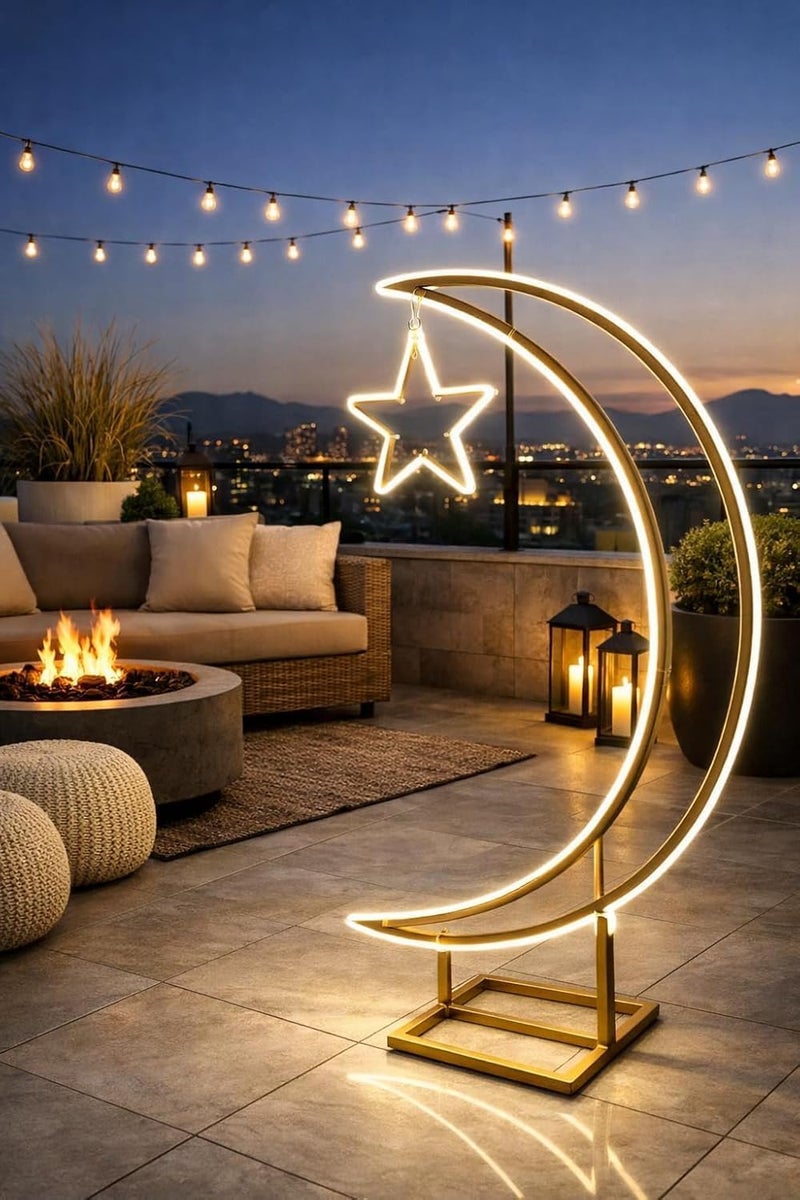 LED Moon Star Floor Lamp - Crescent Moon with Hanging Star, Warm White Decorative Light for Living Room and Bedroom - Image 4