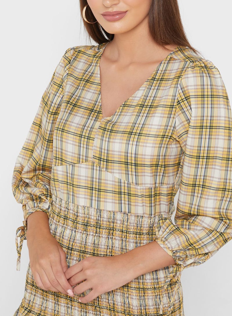 Checkered Shirred Mini Dress