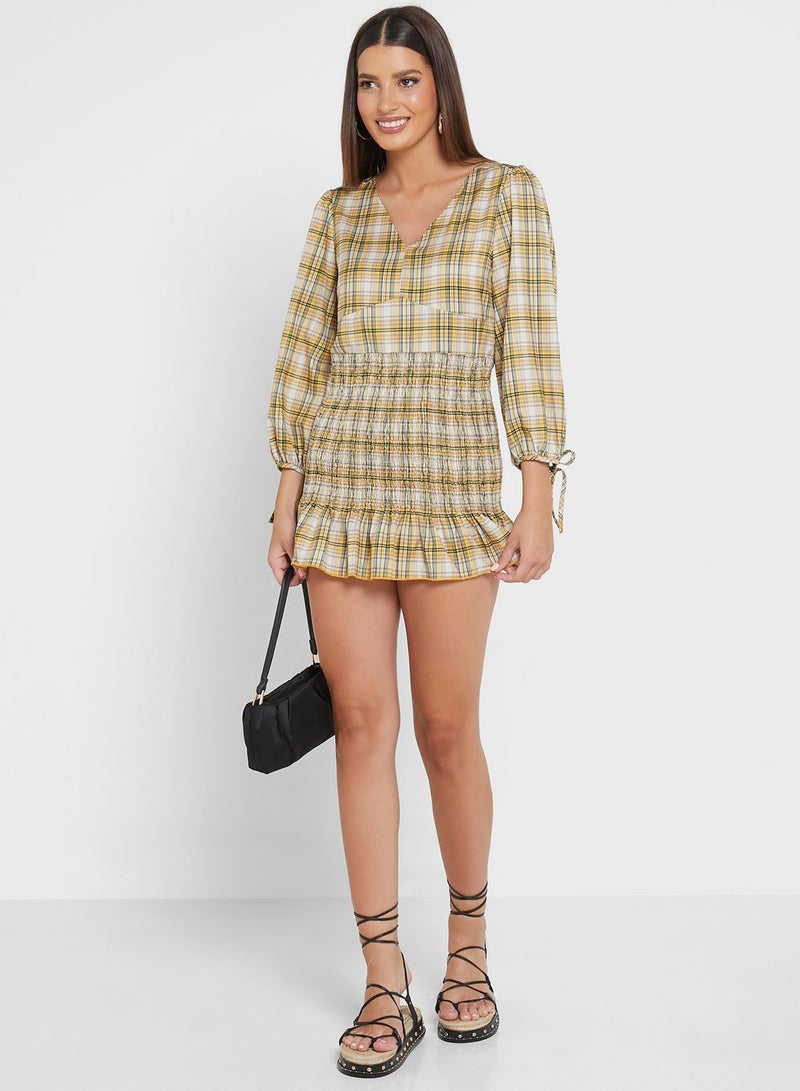 Checkered Shirred Mini Dress