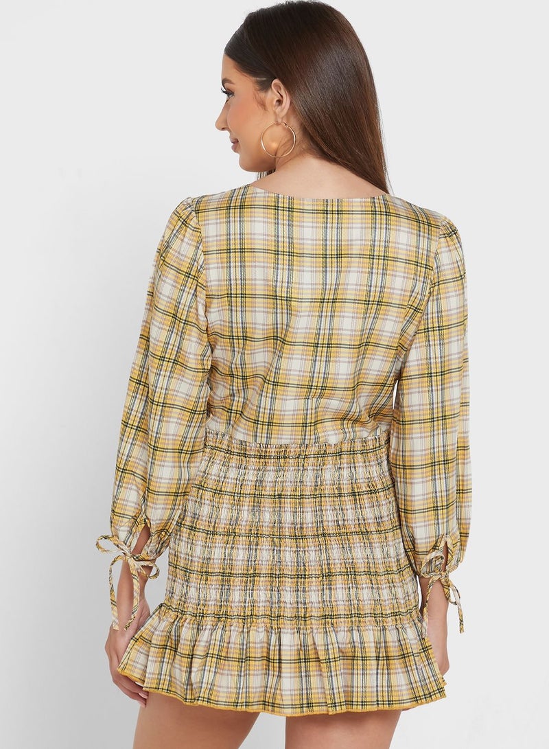 Checkered Shirred Mini Dress