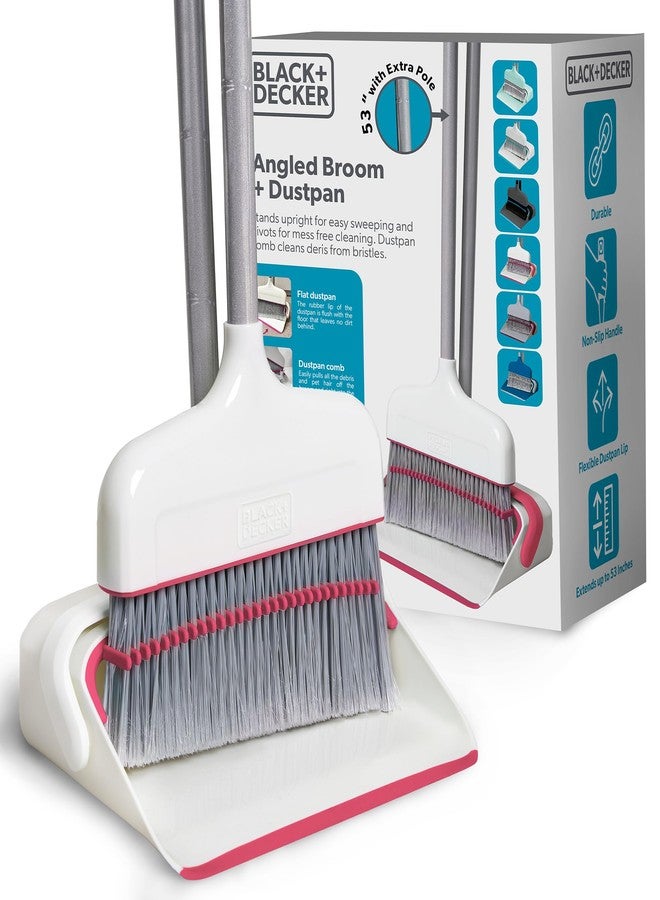BLACK+DECKER Butler Broom & Dustpan Set - Stand-Up Design - Lightweight, Space-Saving Combo for Kitchen, Living Room, Bathroom, Lobby Floors - Home Cleaning Essential, White/Pink - Image 1