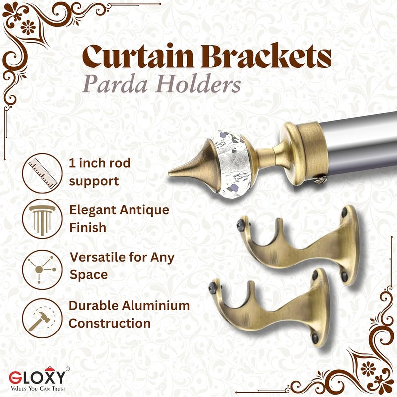 GLOXY Aluminium Single Diamond Curtain Brackets Parda Holders with Support Fittings Designer 1 Inch Rod Pocket Finials For Door WindowAntique Pair of 2 - Image 2