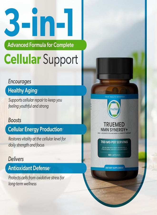 TRUEMED NMN Synergy+ 700mg – Premium NMN Supplement with Resveratrol & Pterostilbene | Advanced NAD+ Supplement for Cellular Energy, & Wellness Support | Non-GMO, Vegan, 60 Capsules - Image 2