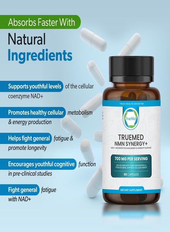 TRUEMED NMN Synergy+ 700mg – Premium NMN Supplement with Resveratrol & Pterostilbene | Advanced NAD+ Supplement for Cellular Energy, & Wellness Support | Non-GMO, Vegan, 60 Capsules - Image 4