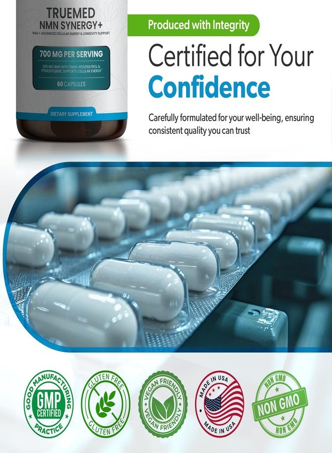 TRUEMED NMN Synergy+ 700mg – Premium NMN Supplement with Resveratrol & Pterostilbene | Advanced NAD+ Supplement for Cellular Energy, & Wellness Support | Non-GMO, Vegan, 60 Capsules - Image 3