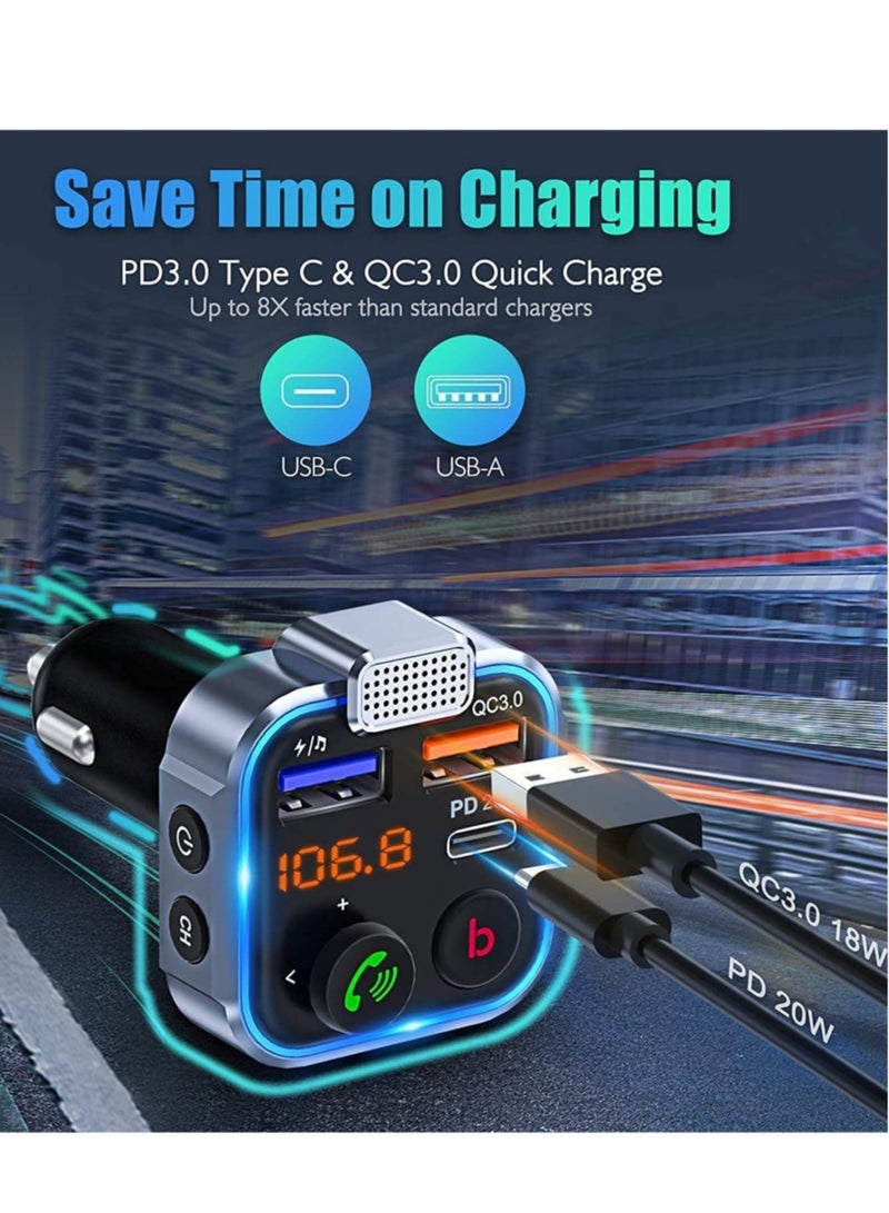 New Design Car FM Transmitter, Wireless Bluetooth 5.0 Radio Adapter Car Kit, PD3.0 Type C 20W+QC3.0 Car Fast Charger, Hands Free Calling, Bass Lossless Hi-Fi Sound Support U Disk - Image 3
