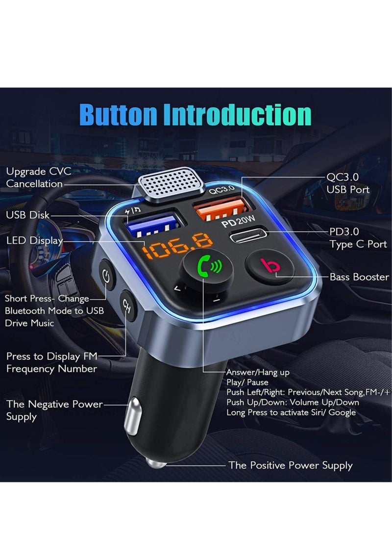 New Design Car FM Transmitter, Wireless Bluetooth 5.0 Radio Adapter Car Kit, PD3.0 Type C 20W+QC3.0 Car Fast Charger, Hands Free Calling, Bass Lossless Hi-Fi Sound Support U Disk - Image 2