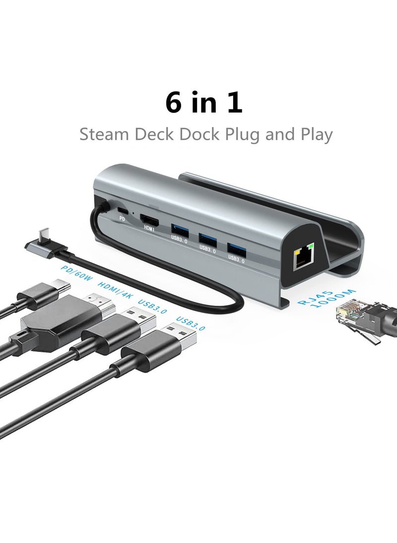 SYOSI - Steam Deck Dock, 6-in-1 Docking Station with HDMI 2.0 Upgraded 4K@HD, Gigabit Ethernet, 3 USB 3.0 Port and USB-C PD Port, Steam Deck Accessories(Aluminum Alloy) - Image 1