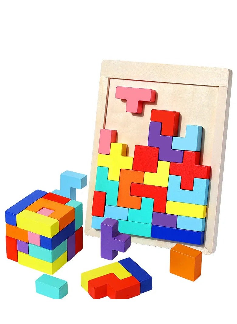 Wooden Puzzle Pattern Blocks Brain Teasers Game , 3D Russian Building Toy Wood Tangram Shape Jigsaw Puzzles Montessori STEM Educational Toys Gift for Kids Adults - Image 1
