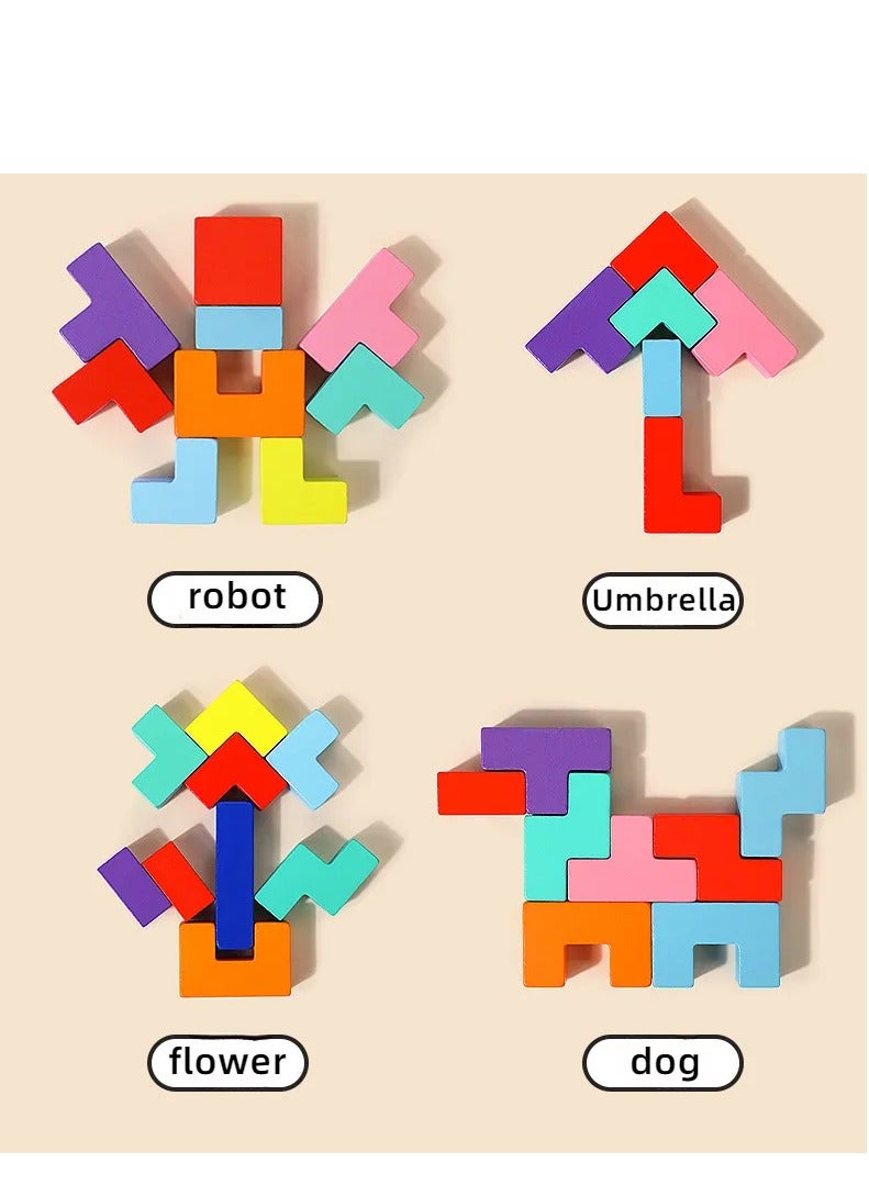 Wooden Puzzle Pattern Blocks Brain Teasers Game , 3D Russian Building Toy Wood Tangram Shape Jigsaw Puzzles Montessori STEM Educational Toys Gift for Kids Adults - Image 2