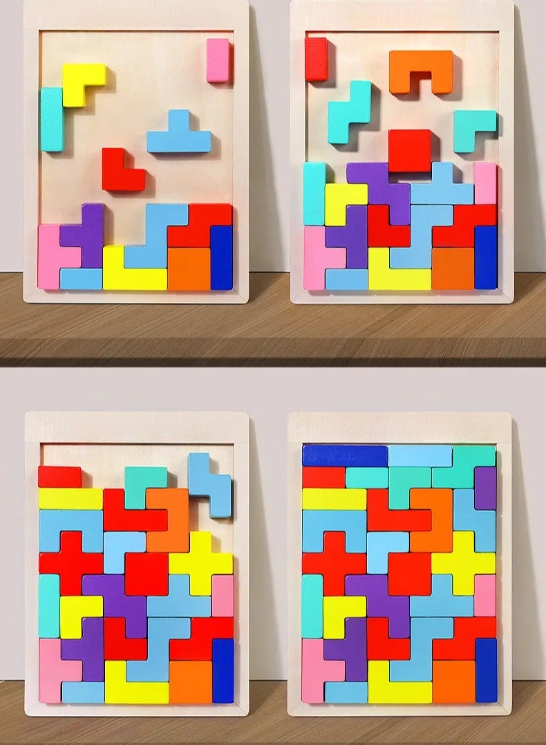 Wooden Puzzle Pattern Blocks Brain Teasers Game , 3D Russian Building Toy Wood Tangram Shape Jigsaw Puzzles Montessori STEM Educational Toys Gift for Kids Adults - Image 3