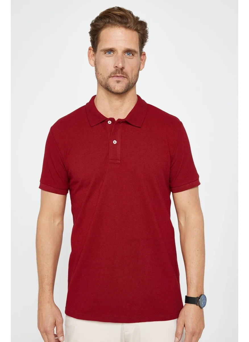 Tudors Men's Slim Fit Narrow Cut Cotton Soft Textured Cool Keeping Fabric Plain Pique Claret Red Polo Collar T-Shirt