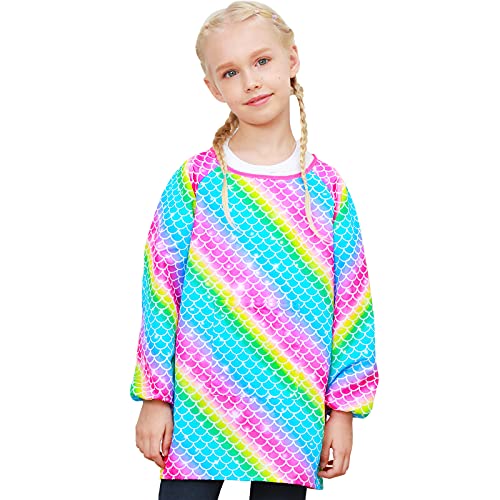 PASHOP Kids Art Smocks Unicorn Waterproof Painting Apron Smock for Girls Boys Long Sleeve Knee Length Artist Smock with Pocket for 312 Years Rainbow Mermaid 812 Years - Image 1