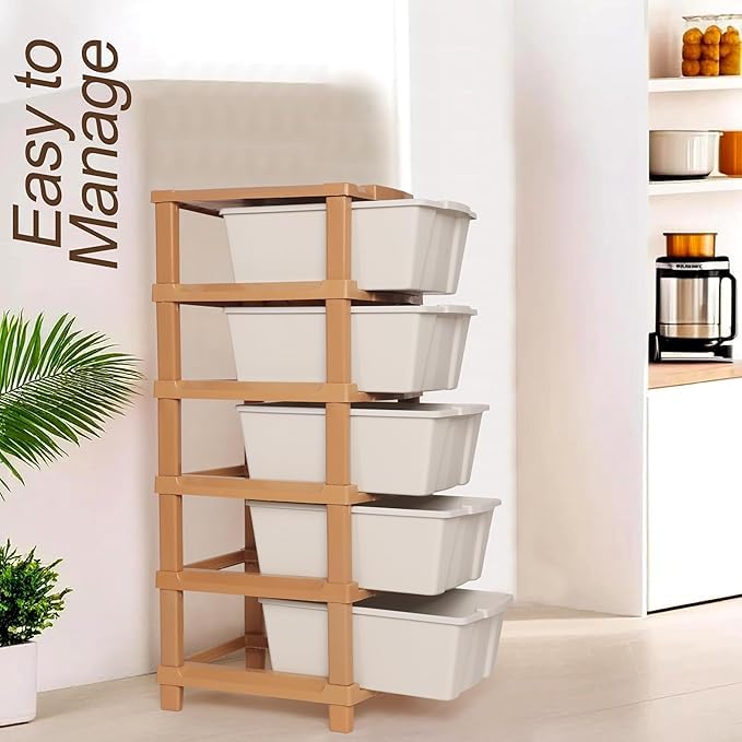 KITCHIVO™ Modular Drawer Storage Organizer/Plastic Chest of Drawers for Kitchen Storage Cabinet/Multi-Layer Storage Drawer (Cream and Golden COLOR, 5 LAYER) - Image 2