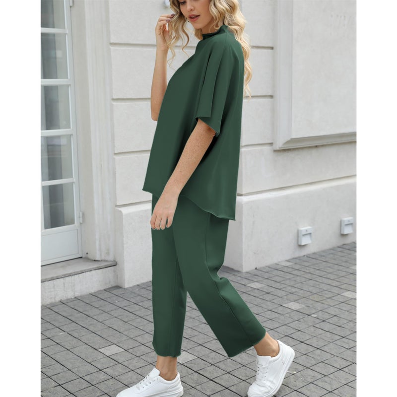 SeeLuNa Women's Two Piece Outfits 3/4 Batwing Sleeve Capelet Crew Neck Pullover Top Wide Leg Pants Lounge Set(Dark Green,XL) - Image 3