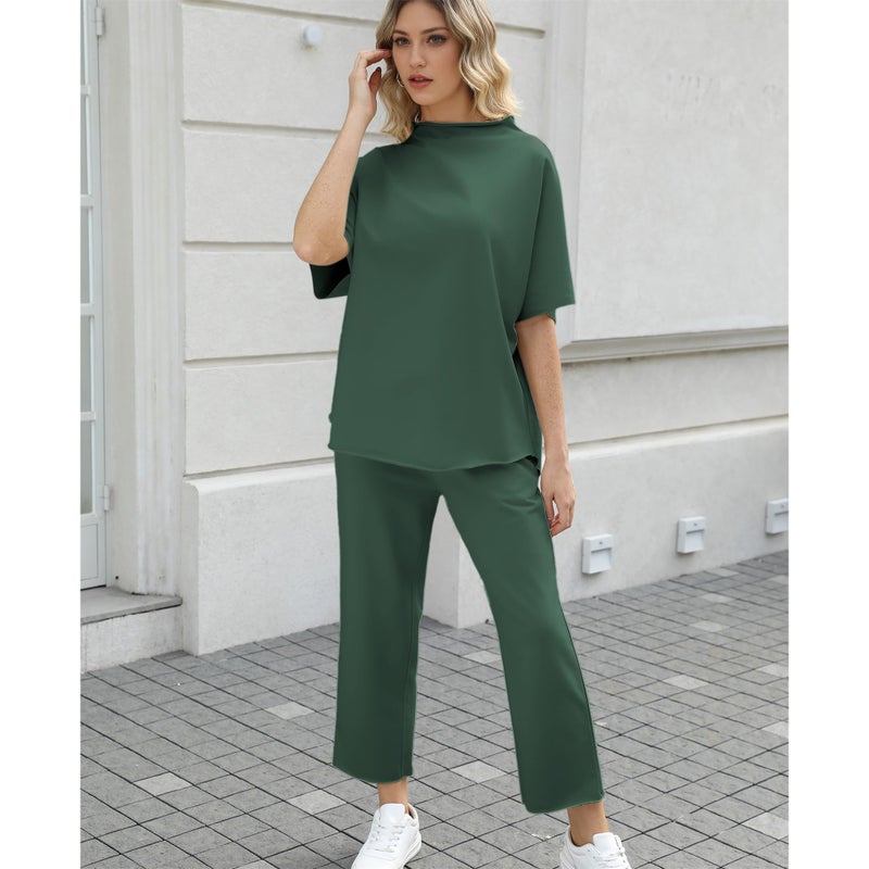 SeeLuNa Women's Two Piece Outfits 3/4 Batwing Sleeve Capelet Crew Neck Pullover Top Wide Leg Pants Lounge Set(Dark Green,XL) - Image 5