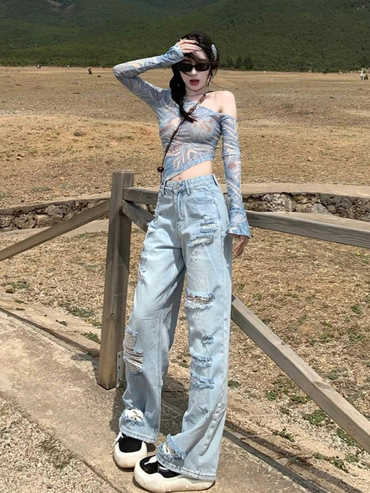 Girl American Retro Off-Shoulder Long-Sleeved T-Shirt For Women In Autumn, Asymmetrical Slim-Fitting Sunscreen Mesh Blouse Top - Image 4