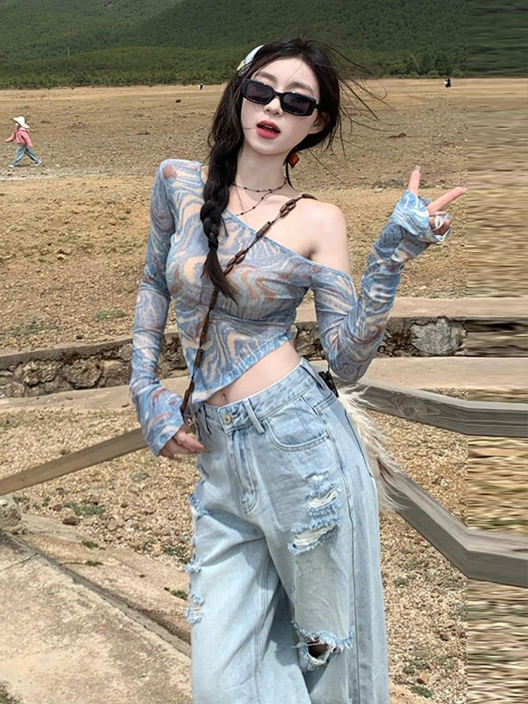 Girl American Retro Off-Shoulder Long-Sleeved T-Shirt For Women In Autumn, Asymmetrical Slim-Fitting Sunscreen Mesh Blouse Top - Image 3