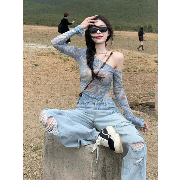 Girl American Retro Off-Shoulder Long-Sleeved T-Shirt For Women In Autumn, Asymmetrical Slim-Fitting Sunscreen Mesh Blouse Top - Image 1