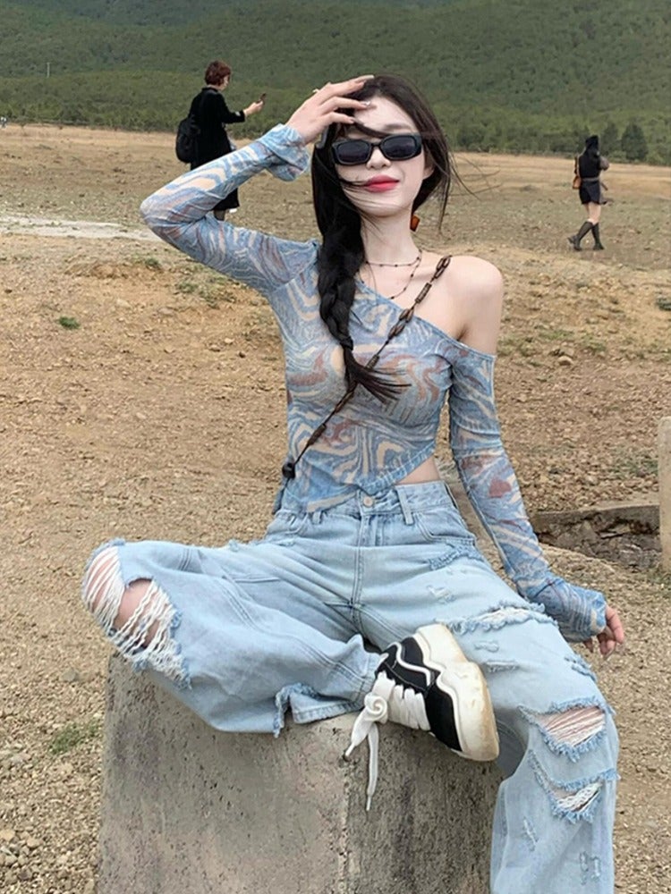 Girl American Retro Off-Shoulder Long-Sleeved T-Shirt For Women In Autumn, Asymmetrical Slim-Fitting Sunscreen Mesh Blouse Top - Image 2