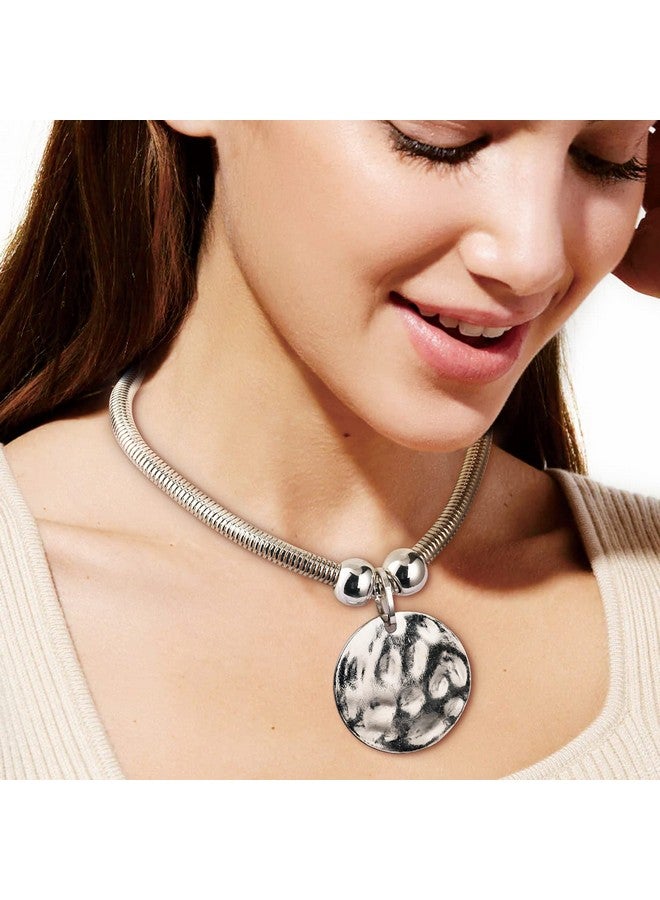 Jiulory Silver Hammered Metal Statement Necklace Set With Lobster Clasp Closure, Disc Coin Necklace Circle Necklace Chunky Necklaces For Women 2022 Summer Necklace New Unique Trendy Jewelry - Image 3