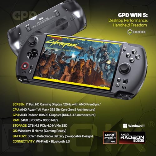 GPD جهاز GPD Win 5 المحمول للألعاب | AMD Ryzen AI Max+ Ryzen 395 | 64GB LPDDR5X RAM، 2TB SSD | رسومات Radeon 8060S | كمبيوتر محمول للألعاب AAA والمحاكاة - Image 2