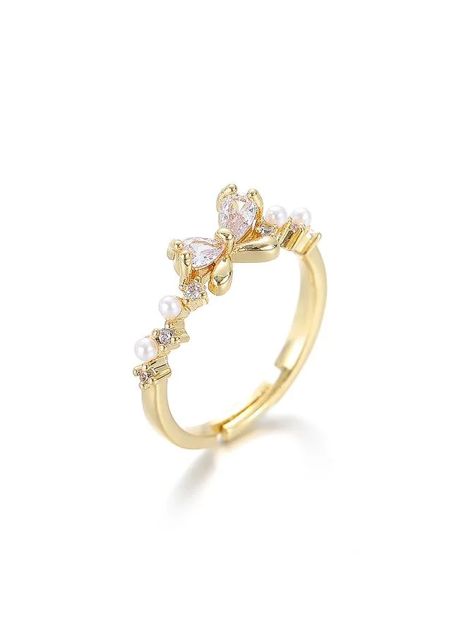 Take Two Gold Tone Butterfly Faux Pearl Adjustable Ring