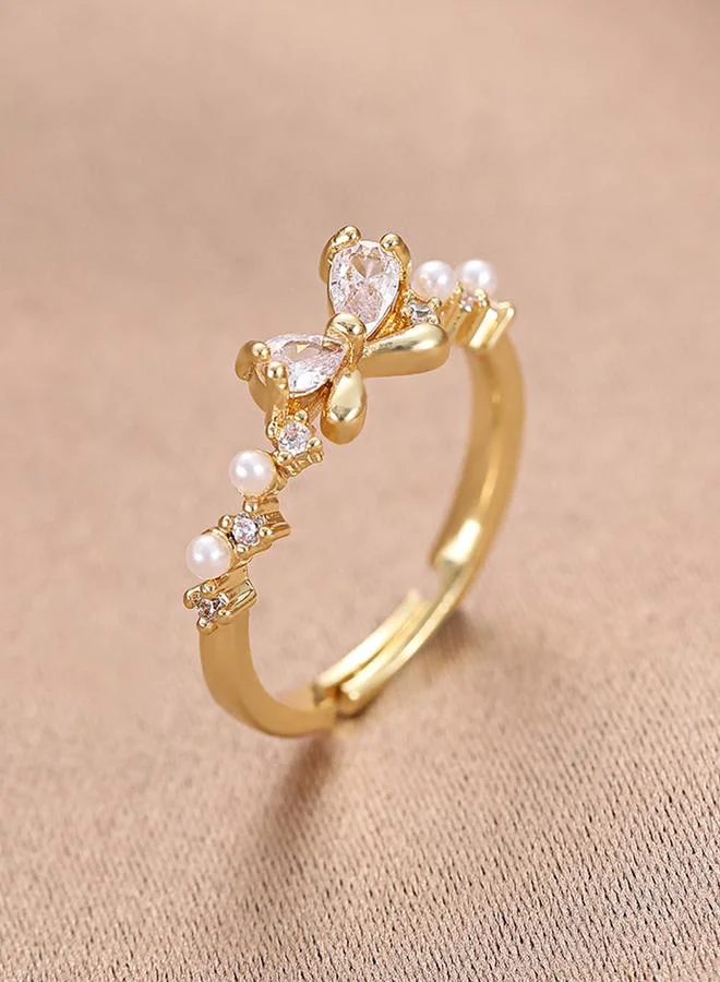 Gold Tone Butterfly Faux Pearl Adjustable Ring