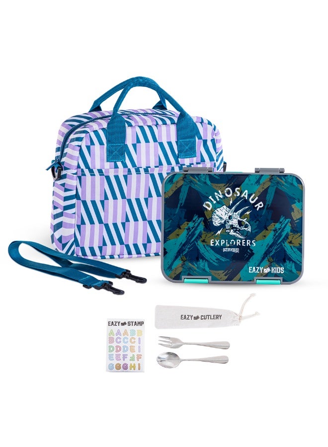 Eazy Kids Eazy Kids 6 & 4 Convertible Bento Lunch Box w/ Lunch Bag, Steel Spoon & Fork Set and Alphabets Sticker - T-Rex Grey - Image 1