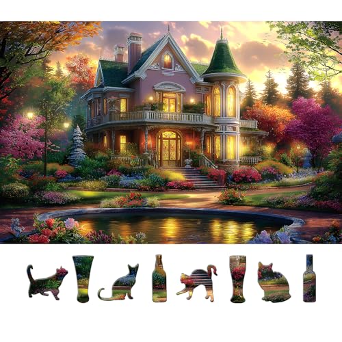 Blueforest Victorian House Sunset 500 Piece Puzzle for Adults Jigsaw Puzzles with Autumn Flowers Scenic Landscape Lakeside Cottage Challenging Puzzles for Adults Seniors Gift 23x15 - Image 1