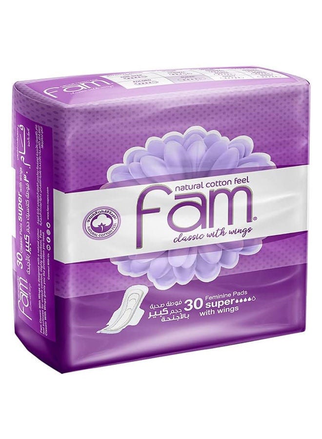 Fam Natural Cotton Feel Feminine Napkin Pads Classic with Wings -  Super 30 Pads  - Image 1