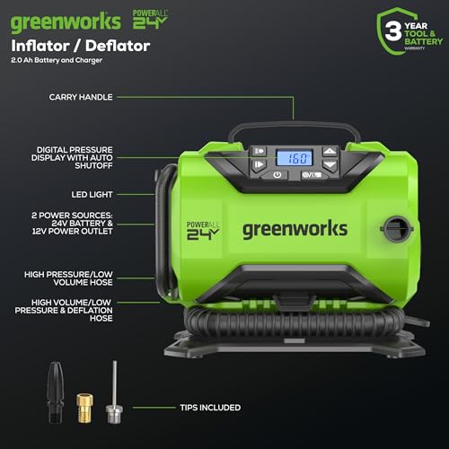 Greenworks 24V Cordless Tire Inflator, 160 PSI Portable Air Compressor, 2 Power Sources, Auto Shut Off, for Car, Bicycle, Motorcycle, Air Boat, Inflatables With 2.0 Ah Battery & 2A Charger - Image 2