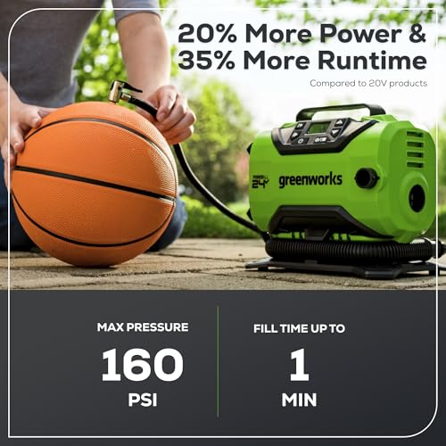 Greenworks 24V Cordless Tire Inflator, 160 PSI Portable Air Compressor, 2 Power Sources, Auto Shut Off, for Car, Bicycle, Motorcycle, Air Boat, Inflatables With 2.0 Ah Battery & 2A Charger - Image 3