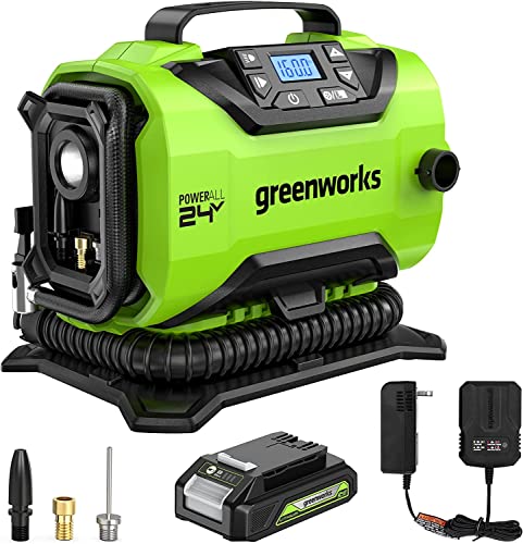 Greenworks 24V Cordless Tire Inflator, 160 PSI Portable Air Compressor, 2 Power Sources, Auto Shut Off, for Car, Bicycle, Motorcycle, Air Boat, Inflatables With 2.0 Ah Battery & 2A Charger - Image 1