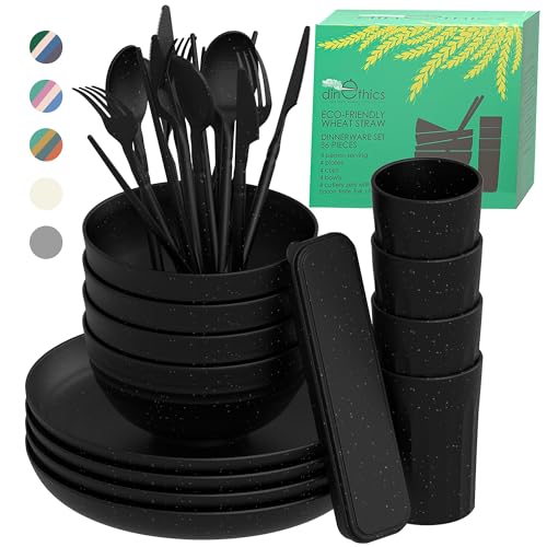 DINETHICS Wheat Straw Dinnerware Sets For 4  Alternate To Black Plastic Dishes  Dishwasher Microwave Safe Plates And Bowls Sets  Unbreakable Wheat Straw Plates And Bowls  Camping Dishes