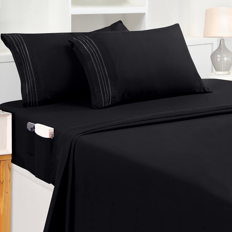 Utopia Bedding King Sheet Set - Soft Microfiber 4 Piece Luxury Bed Sheets with Deep Pockets - Embroidered Pillow Cases - Side Storage Pocket Fitted Sheet - Flat Sheet (Black)
