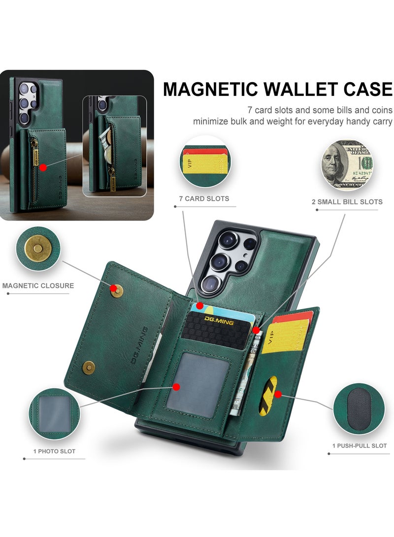 DGMING CaseMe Wallet Case for Samsung Galaxy S23 Ultra DGMING Premium Leather Phone Case Back Cover Magnetic Detachable with Trifold Wallet Card Holder Pocket - Green - Image 3