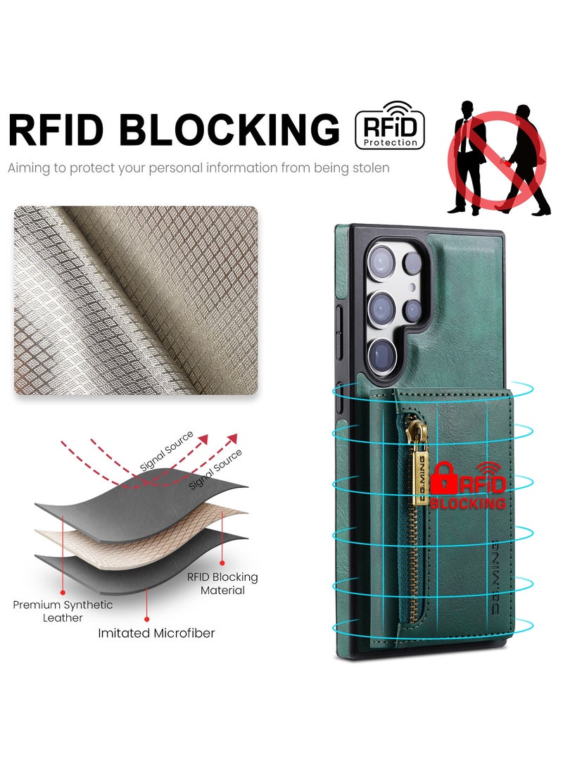 DGMING CaseMe Wallet Case for Samsung Galaxy S23 Ultra DGMING Premium Leather Phone Case Back Cover Magnetic Detachable with Trifold Wallet Card Holder Pocket - Green - Image 4