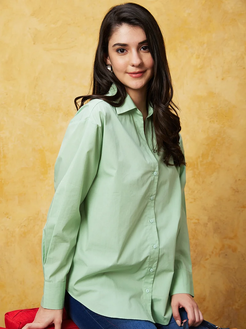 Women Green Long Sleeves Pure Cotton Shirt Style Top