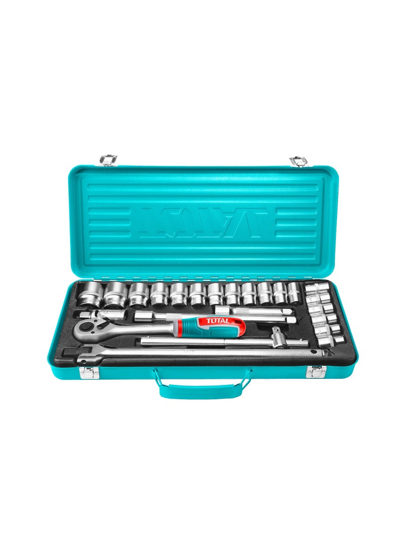 توتال طقم مقابس من توتال مكوّن من ٢٤ قطعة بمقاس ١/٢ بوصة، مع مقبض تعشيق سريع التحرير، مصنوع من فولاذ كروم فاندوم، يضم مقابس بمقاسات من ١٠ إلى ٣٢ ملم، مع أذرع إطالة ومفصل عالمي، ومرفق بحقيبة معدنية - Image 2