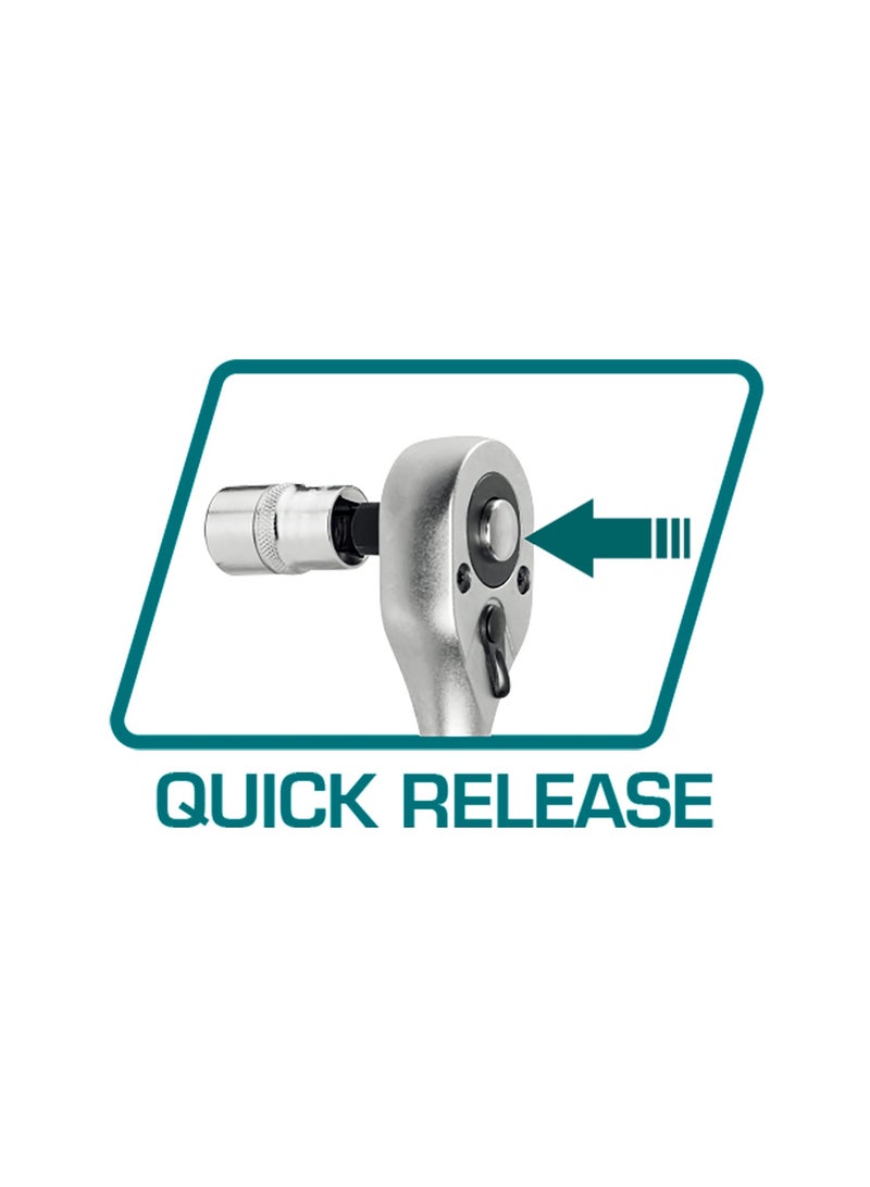 توتال طقم مقابس من توتال مكوّن من ٢٤ قطعة بمقاس ١/٢ بوصة، مع مقبض تعشيق سريع التحرير، مصنوع من فولاذ كروم فاندوم، يضم مقابس بمقاسات من ١٠ إلى ٣٢ ملم، مع أذرع إطالة ومفصل عالمي، ومرفق بحقيبة معدنية - Image 4