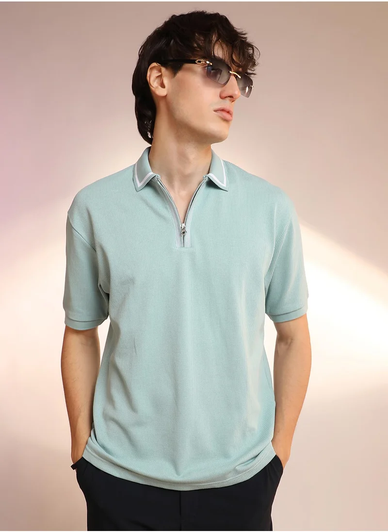 كامبوس سوترا Men's Mint Green Micro-Waffle Polo T-Shirt
