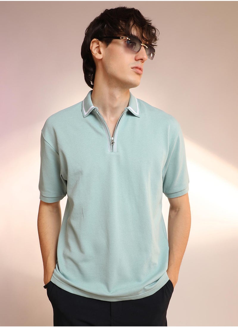 Campus Sutra Men's Mint Green Micro-Waffle Polo T-Shirt  - Image 1