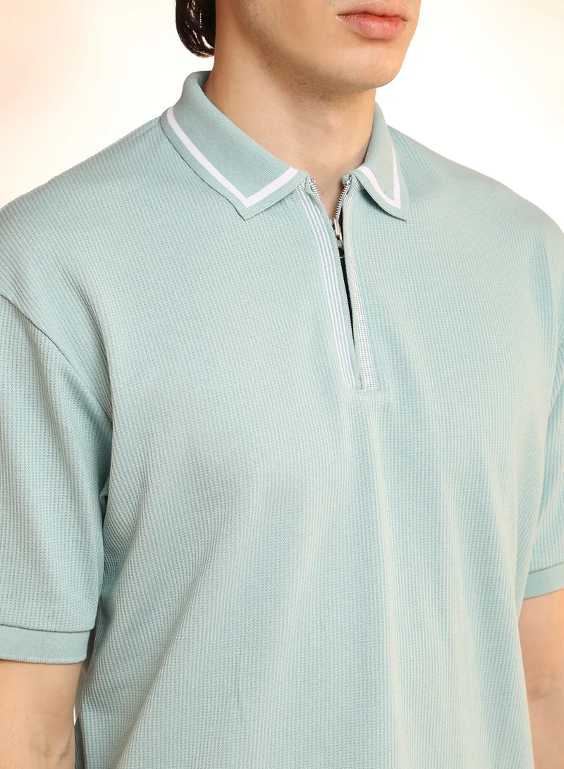 Campus Sutra Men's Mint Green Micro-Waffle Polo T-Shirt