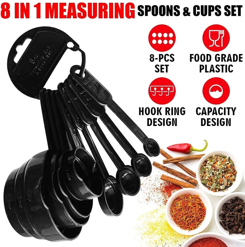 Kitchenwell Smart Plastic Measuring Spoon and Cup Set of 8-Piece - Kitchen Measuring Spoons - Black - (Pack of 1) - Image 2
