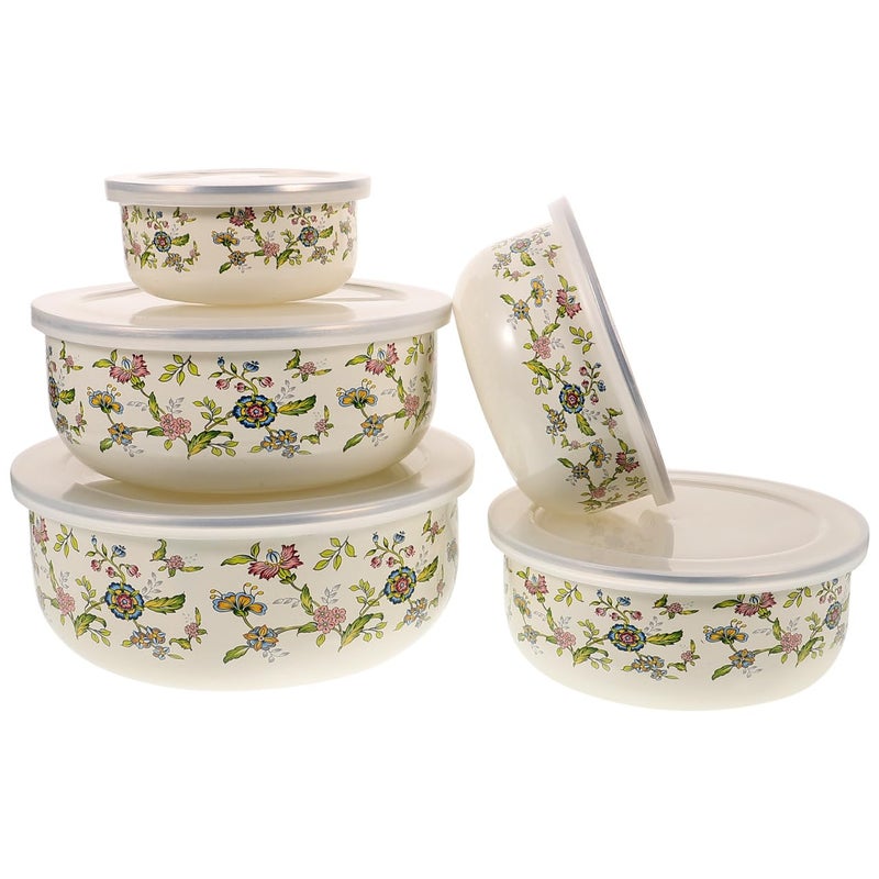 Hemoton 5pcs Enamel Mixing Bowls with Lids  Stackable Food Storage Bowls for Salad Fruit Soup  Retro Design for Home Use 405 X 405 X 196 Inch