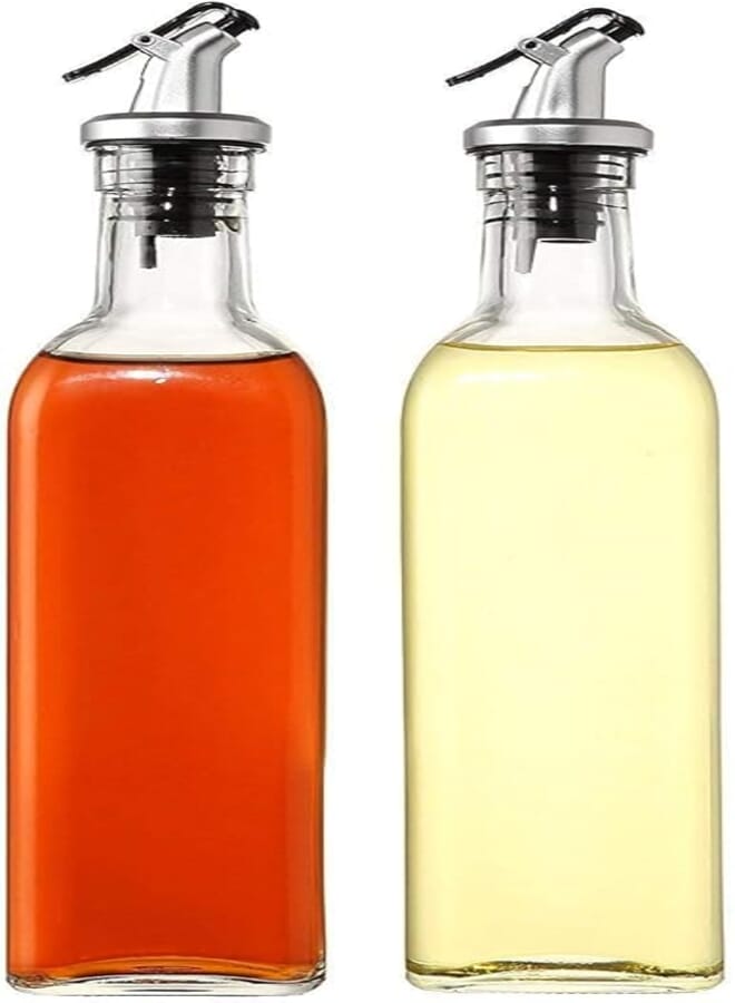 SHOWAY 2pcs Glass Oil Bottle and Vinegar Pouring Dispenser, Condiment Set, Cruet, Seasoning for Dining Table and Kitchen, Airtight and Non-drip Bottle Stoppers, Glass - Transparent (250ML)