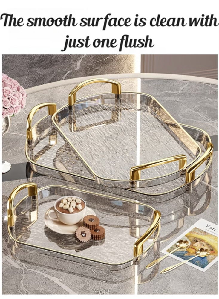 WOLFATION FOR YOU 3 PCS Clear Serving Tray, With Polished Metal Handles, Serving Plate, Wavy Pattern Clear Tray, Spill-Proof Tray, Decorative Serving Tray for Coffee Table, Tea, Storage - Image 2